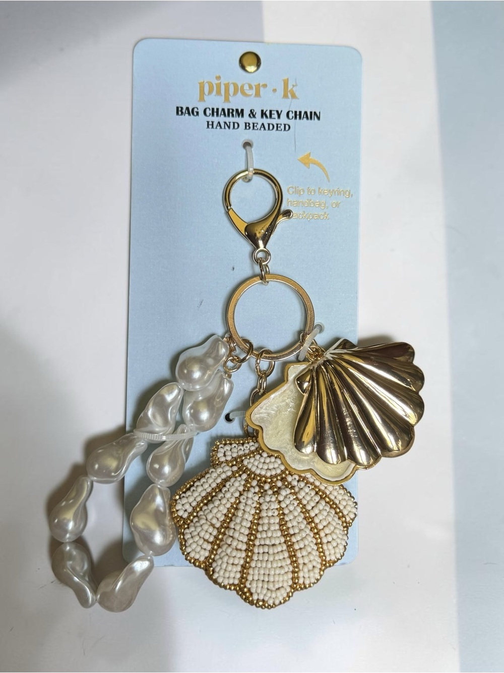 Piper K Gold & Pearl Seashell Bag Charm Key Chain
